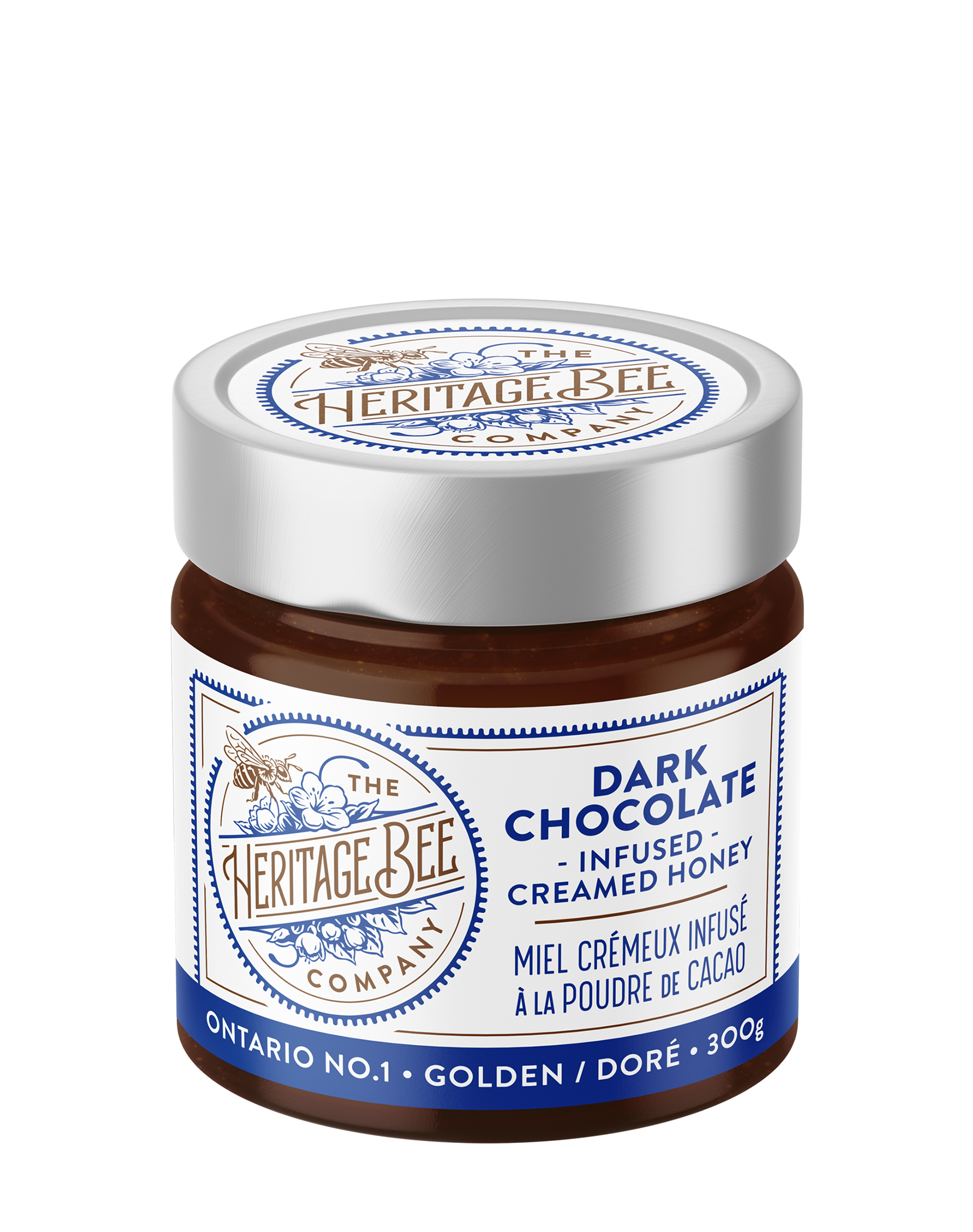 Heritage Bee Co Dark Chocolate Creamed Honey. Made with 100% Ontario Wildflower honey and premium extra brut Callebaut cacao chocolate from Belgium. Local. Premium. Hand crafted.