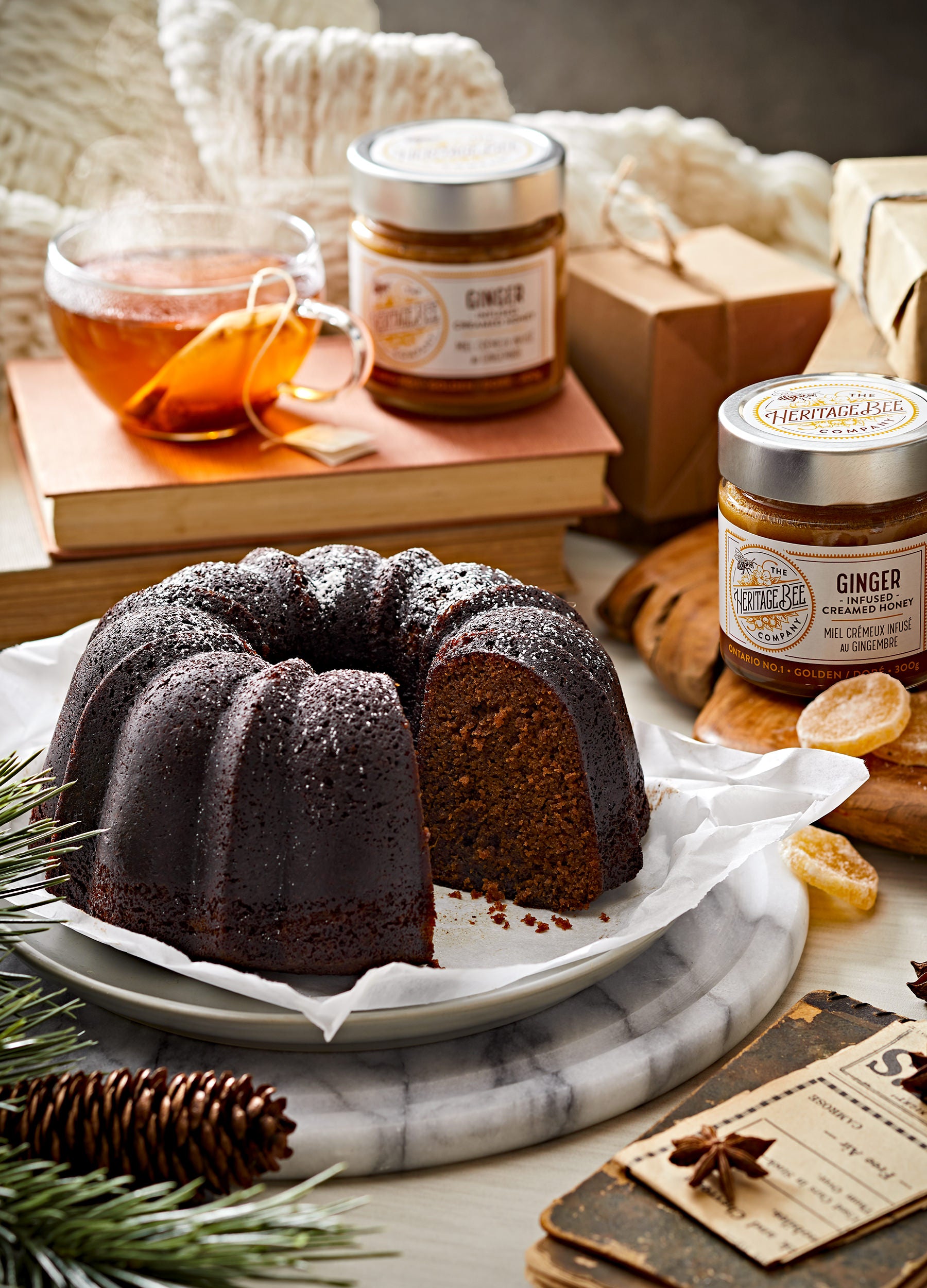 Heritage Bee Co's ginger creamed honey can be used in a variety of ways. Pictured here in tea and in a bundt cake. Ginger honey is naturally anti-inflammatory and can help relieve a variety of symptoms.