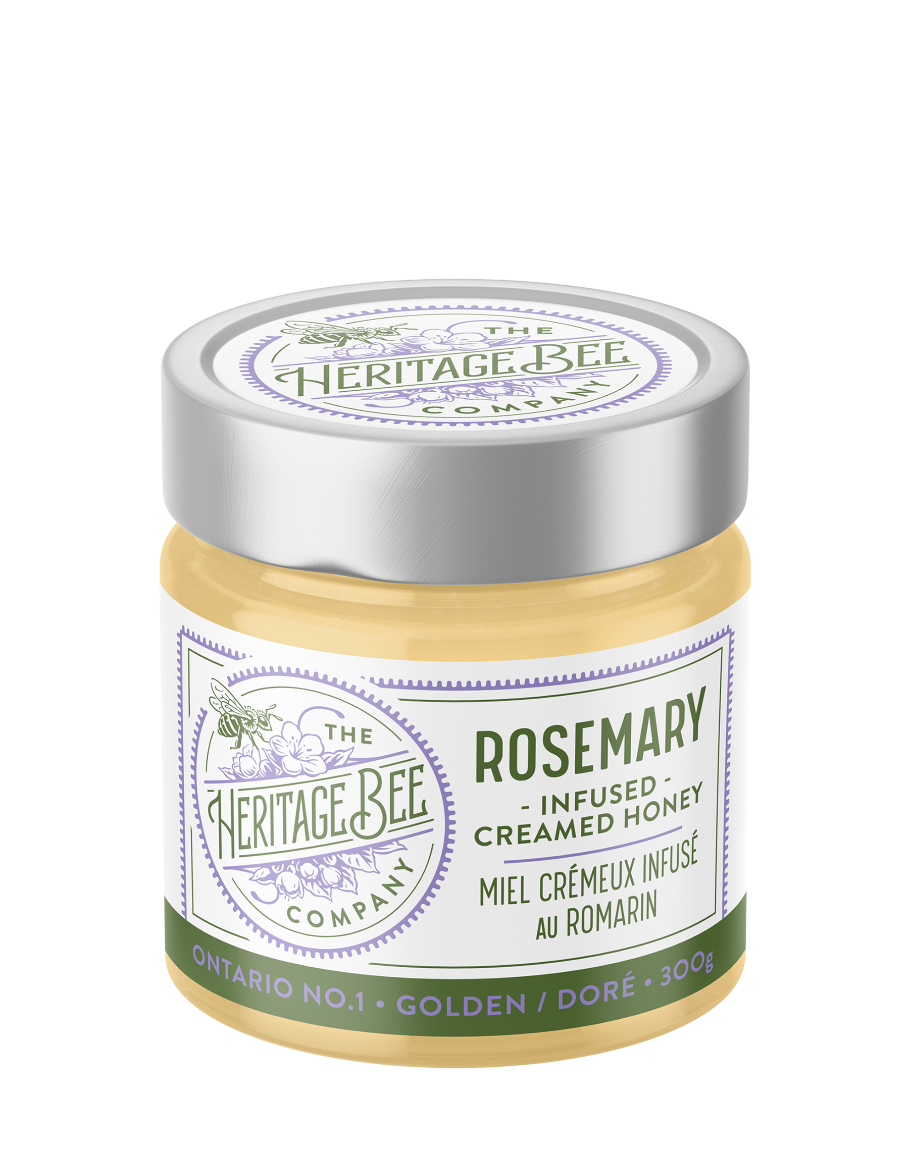 Heritage Bee Co rosemary infused creamed wildflower honey, made with certified organic rosemary. Handcrafted in Ontario. Premium.