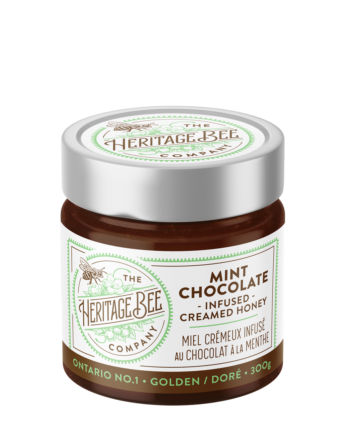 Heritage Bee Co gourmet mint chocolate infused creamed wildflower honey. Handcrafted Ontario honey infused with premium Callebaut Belgium chocolate and organic Nielsen-Massey peppermint.