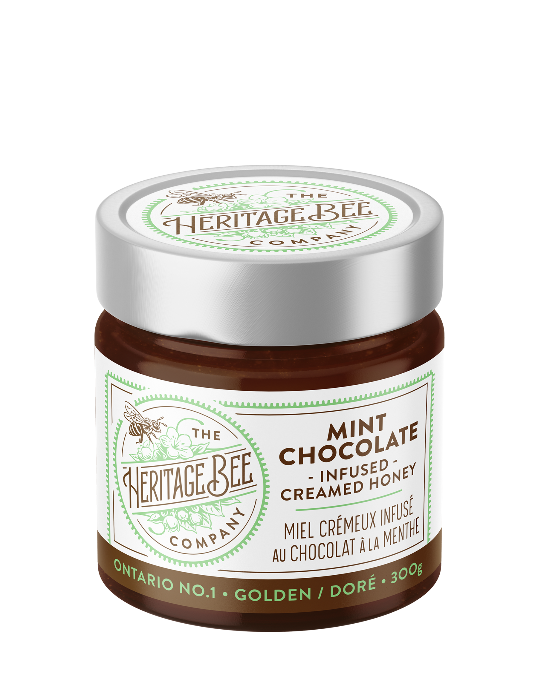 Heritage Bee Co gourmet mint chocolate infused creamed wildflower honey. Handcrafted Ontario honey infused with premium Callebaut Belgium chocolate and organic Nielsen-Massey peppermint.