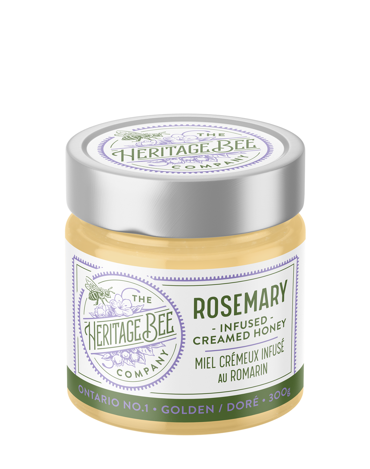 Heritage Bee Co rosemary infused creamed wildflower honey, made with certified organic rosemary. Handcrafted in Ontario. Premium. 