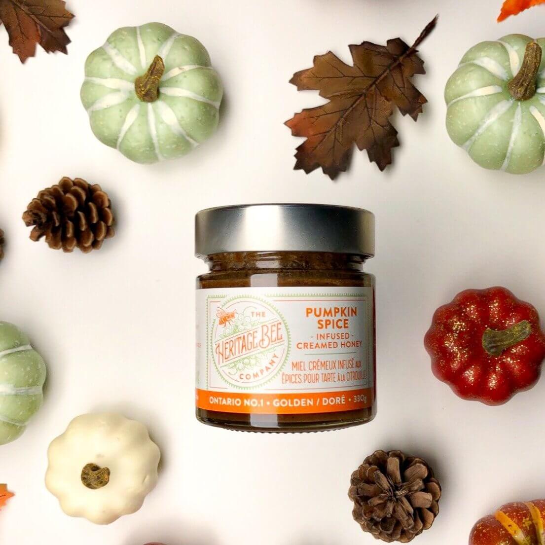 Heritage Bee Co's Pumpkin Spice infused creamed honey is perfect for fall. Made with an organic spice blend.